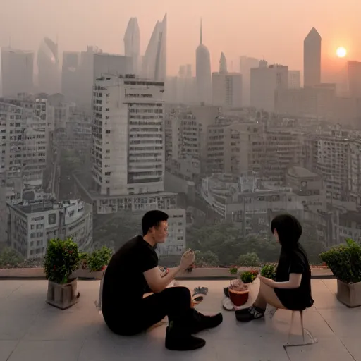 Image similar to a small rooftop with a couple of people sitting and watching the view, wearing black modern clothes, designed by rick owens, messy short hair, modern shanghai bund in smog is on the background, sunset, pale colors, by gregory crewdson