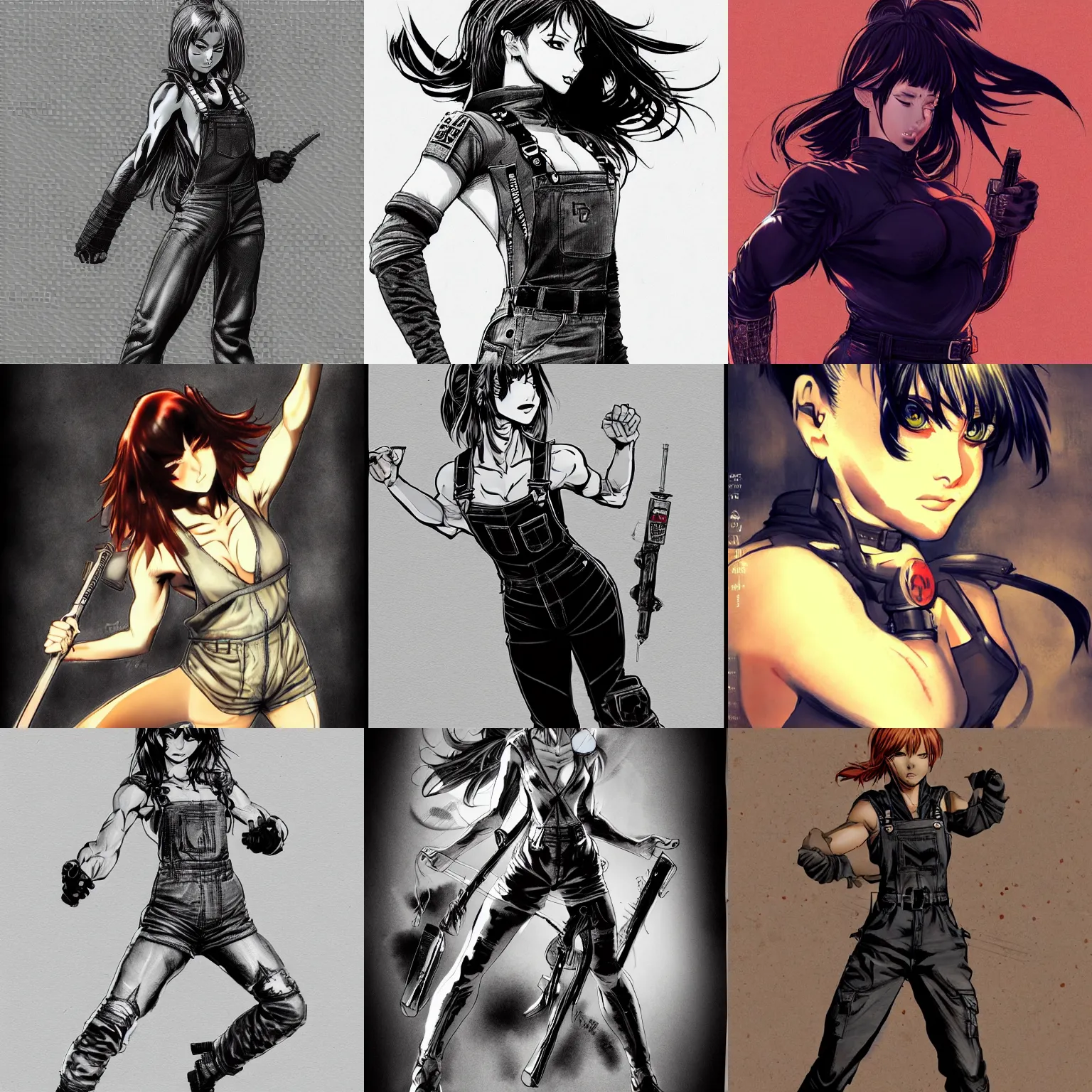 Image similar to full body pose, hd, manga anime portrait of a beautiful woman in combat boots and overalls, in ishikawa ken frank miller jim lee alex ross style detailed trending award winning on flickr artstation,