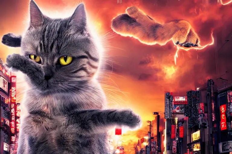 Image similar to cat attacking Tokyo, disaster movie poster, masterpiece, masterwork, cgstudio