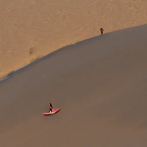 Image similar to 2 person surfing on wave made of comic dust located in desert nearby the pyramids