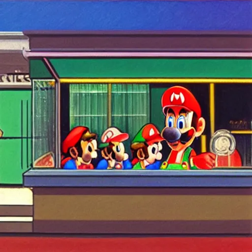 Image similar to nighthawks by hopper, but with super mario characters