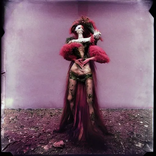 Image similar to damaged kodak portra 4 0 0, wetplate, photo of a surreal artsy dream scene,, very beautiful model, weird fashion, grotesque, extravagant dress, strange pose, carneval, with an animal, wtf, photographed by paolo roversi style