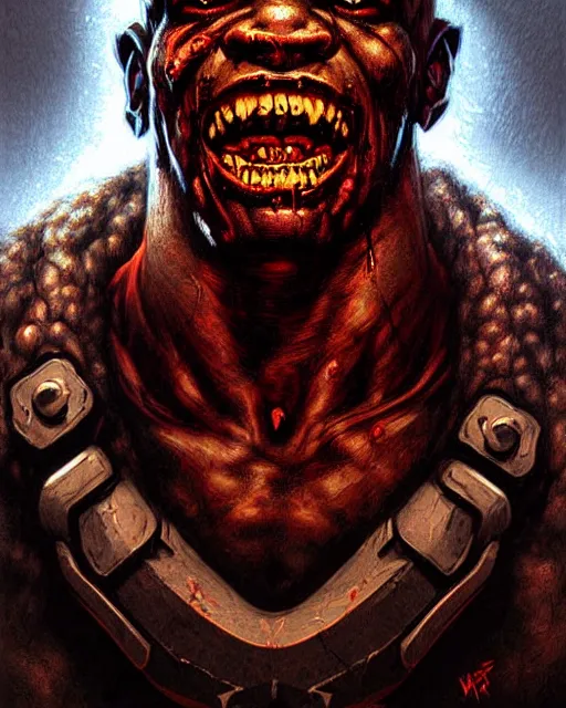 Prompt: doomfist from overwatch, rage, evil zombie, character portrait, portrait, close up, concept art, intricate details, highly detailed, horror poster, horror, vintage horror art, realistic, terrifying, in the style of michael whelan, beksinski, and gustave dore