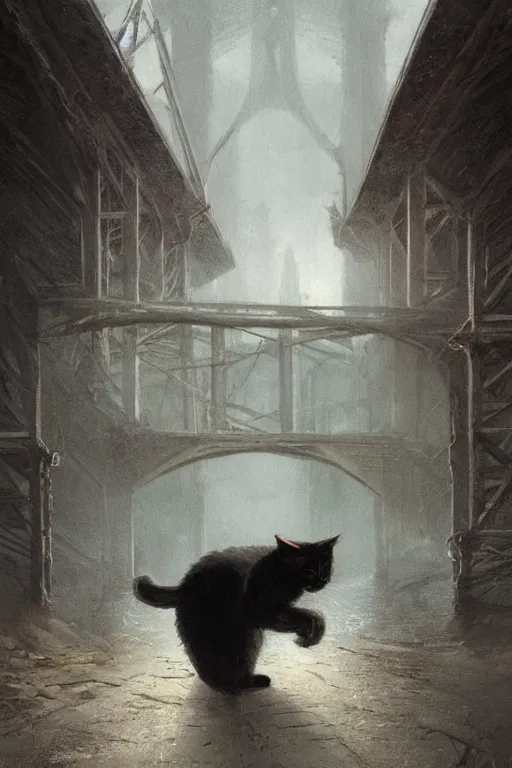 Image similar to Cat Under the bridge, horror, illustrated by Greg Rutkowski and Caspar David Friedrich., Trending on artstation, artstationHD, artstationHQ, 4k, 8k