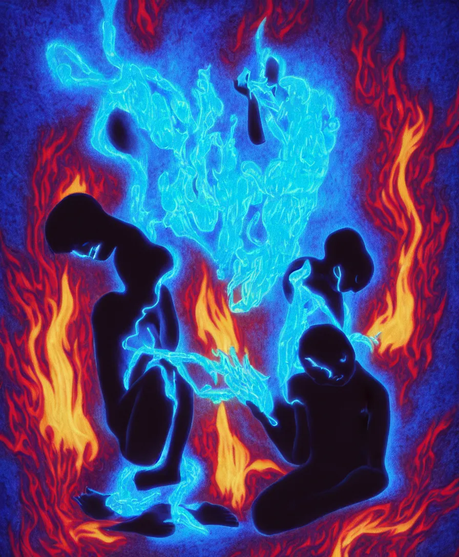 Prompt: a realistic photograph of a black heartbroken crying boy left all alone in his astral projection blue demon flames strangled by his thoughts, sitting in the middle of iridescent fungal, extremely detailed, 8 k