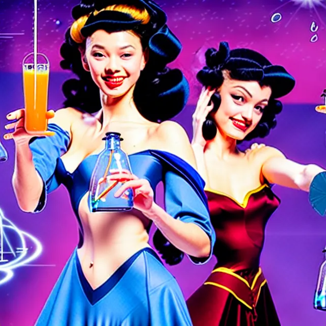 Image similar to key visual of an attractive sorceress holding two flasks full of glowing liquid, mad scientist's lab background, by gil elvgren and stanley lau, disney princess style