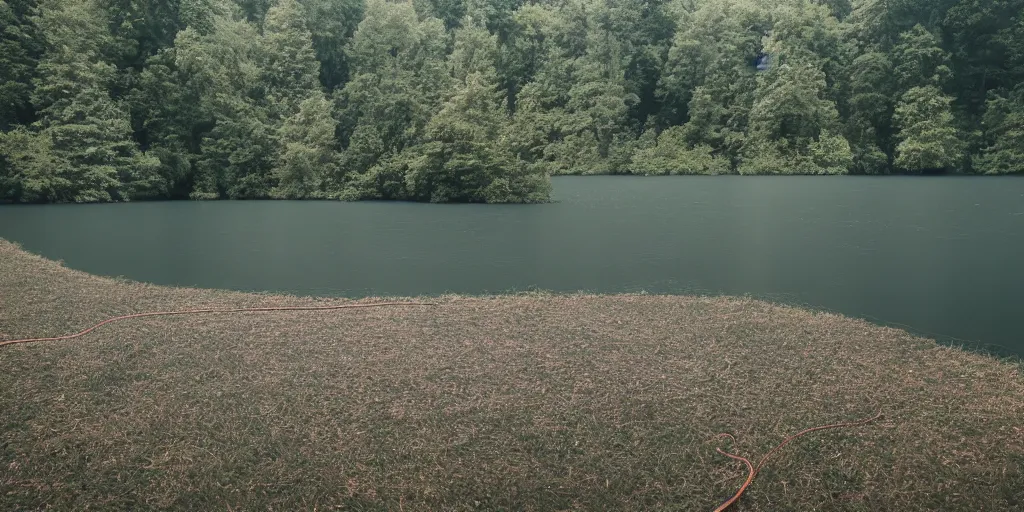 Image similar to an long rope zig - zagging across the surface of the water into the distance, floating submerged rope stretching out towards the center of the lake, a dark lake on an overcast day, atmospheric, color film, trees in the background, 4 k photo, anamorphic lens