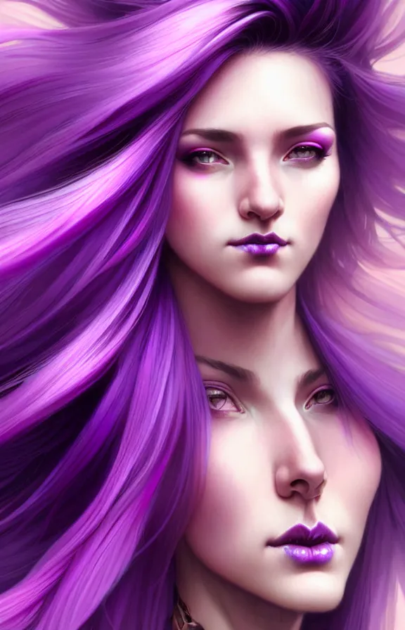 Image similar to Purple hair relistic Portrait of a woman with bright colored flying hair, all shades of purple. Beauty face, Hair coloring, fantasy, intricate, elegant, highly detailed, photorealistic, artstation, concept art, smooth, sharp focus, illustration, art by artgerm and greg rutkowski and alphonse mucha