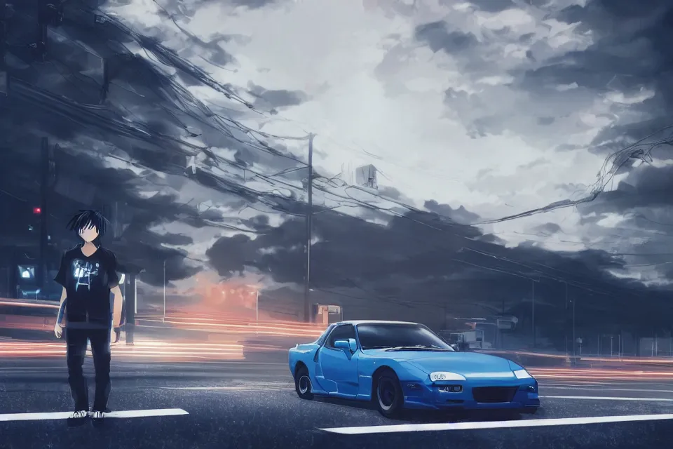 Prompt: aesthetic illustration of ryosuke takahashi with black hair wearing a dark blue shirt standing near white mazda rx 7 on an empty highway at dusk, cinematic lighting, detailed anime face, high detail, 9 0 s anime aesthetic, volumetric lights, unreal engine 5 render, pinterest wallpaper, trending on artstation