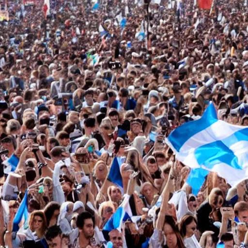 Image similar to Lady Gaga as president, Argentina presidential rally, Argentine flags behind, bokeh, giving a speech, detailed face, Argentina