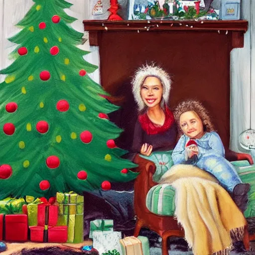 Image similar to “a holiday realistic painting of a happy family sitting in the foreground there’s a beautiful woman with a symmetric face with two young children on her lap, a boy and a girl. There’s a green Christmas tree and a log fire burning in the background. On the sofa in the background a scruffy homeless man sleeping.”