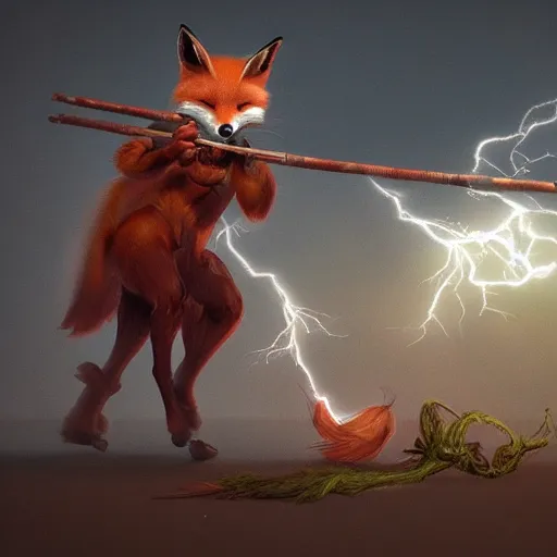 Image similar to the fox magician cast a thunder spell with his staff, artstation