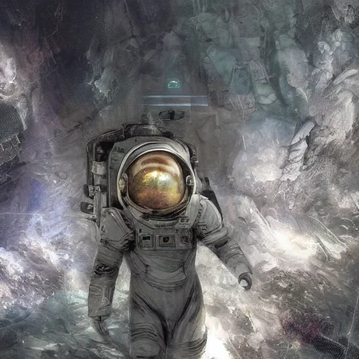 Image similar to concept art by craig mullins astronaut in futuristic dark and empty spaceship underwater. infrared complex and hyperdetailed technical suit. mandelbulb fractal. reflection and dispersion materials. rays and dispersion of light. volumetric light. 5 0 mm, f / 3 2. noise film photo. flash photography. unreal engine 4, octane render. interstellar movie art