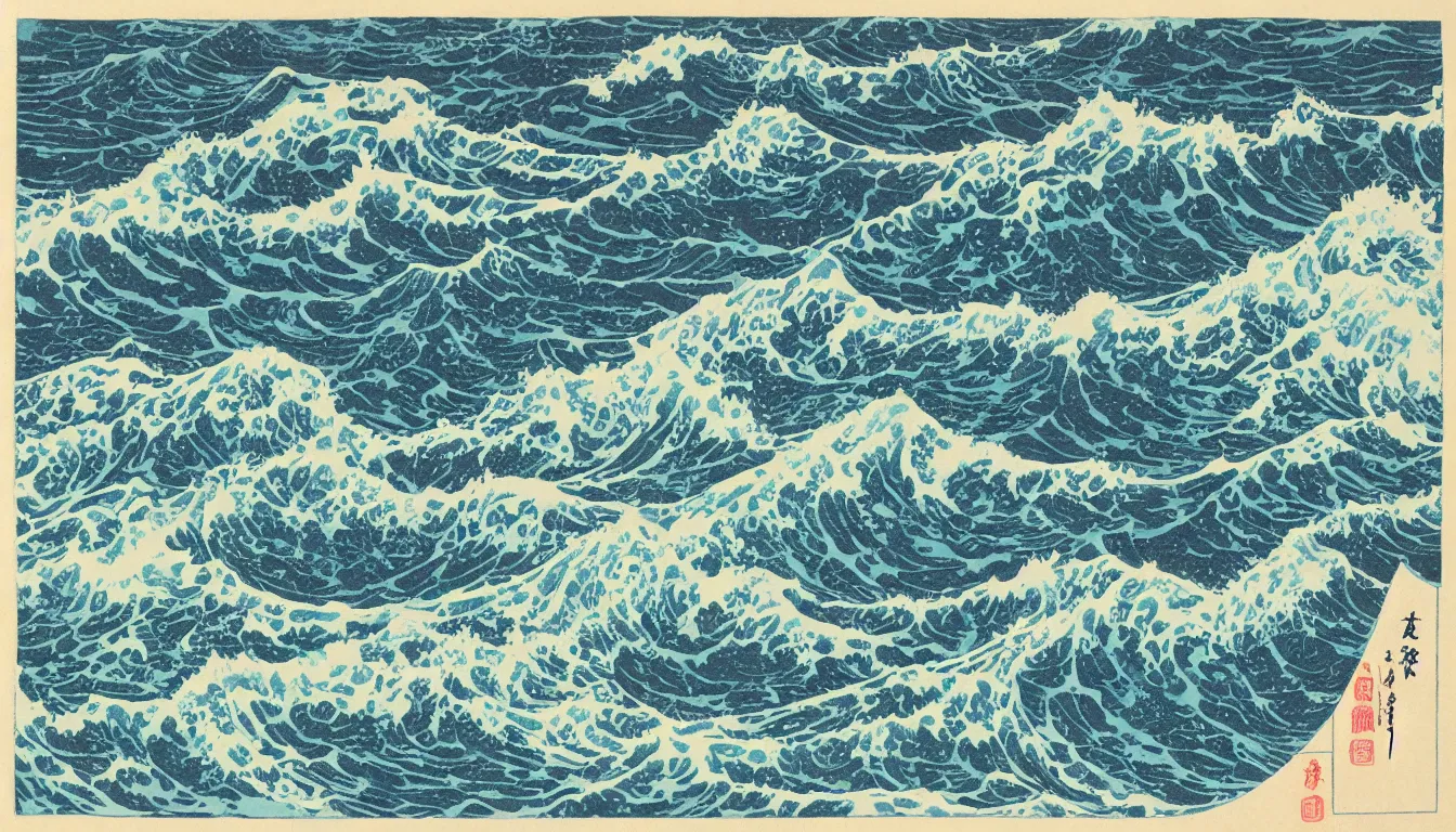 Image similar to ocean swells, japanes woodblock print