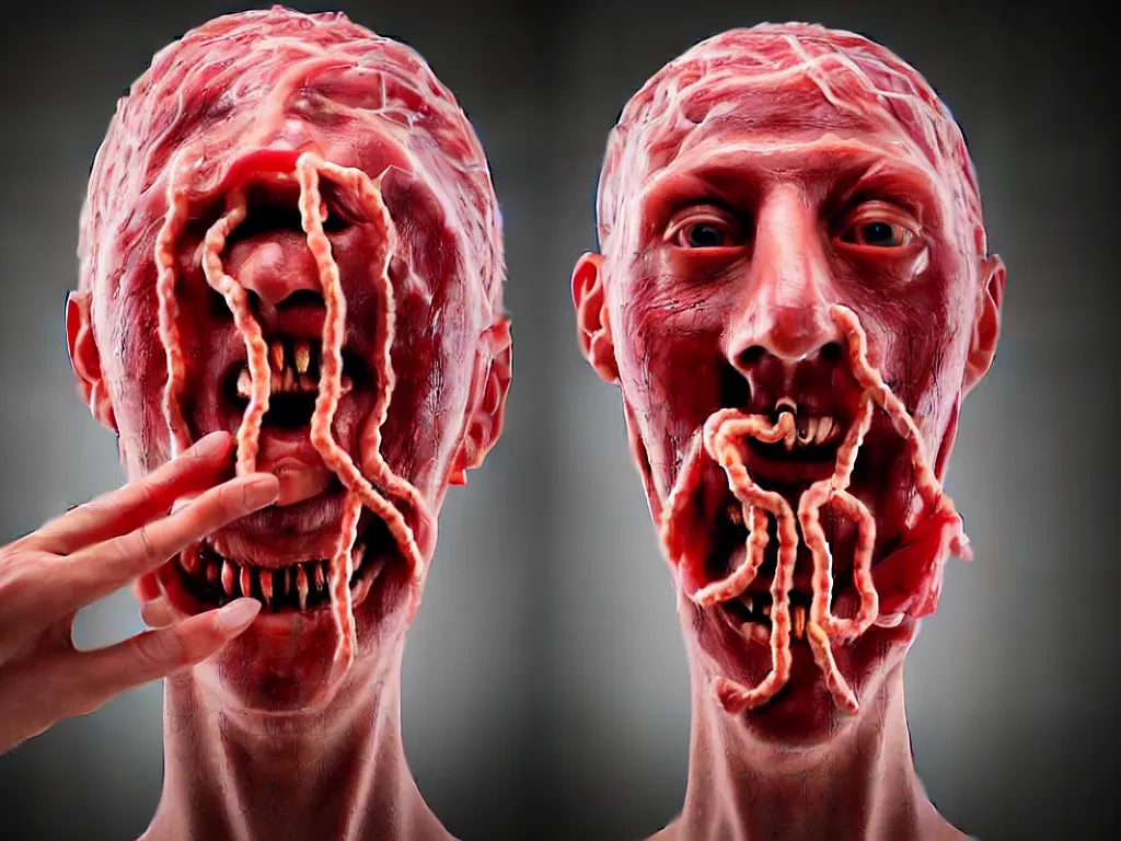 Image similar to a perfect colour horrifying portrait photograph of a man with 7 3 eyes. tubes emerging from his nostrils and mouth. head expanded to a perfect cube, covered in translucent beef. perfect focus, studio lighting, gallery setting. inspired by chinese nuclear weapon launching