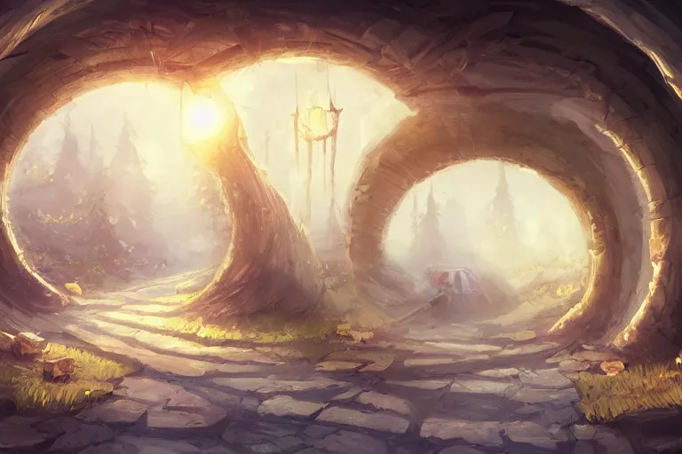 Image similar to a tunnel towards dreamy land ,concept art trending on artstation, golden rule, magical world ,