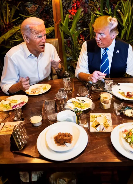 Image similar to Trump and Biden having dinner at a fancy Balinese restaurant, award winning photography, 85mm, perfect faces