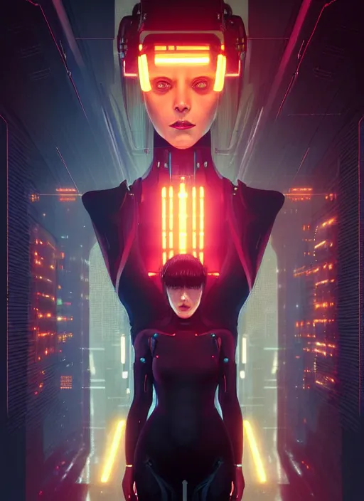 Image similar to symmetry!! portrait of woman with nanotech, sci - fi -, cyberpunk, blade runner, glowing lights, tech, biotech, techwear!! intricate, elegant, highly detailed, digital painting, artstation, concept art, smooth, sharp focus, illustration, art by artgerm and greg rutkowski and alphonse mucha