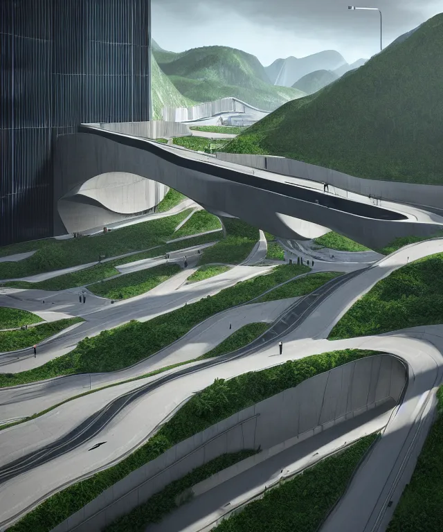 Image similar to denis villeneuve establishing shot of modern bjarke ingels condo building and gotthard tunnel entrance combined, roads tunnel under bjarke ingels condo building, lush nature environment, beautiful lighting, scifi artstation digital concept art, unreal engine, hyper realism, realistic shading, cinematic composition, blender render, octane render, wide shot