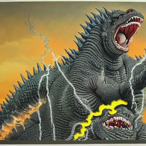 Image similar to beautiful lifelike painting of godzilla breakdancing at a rap concert, hyperreal detailed facial features and uv lighting, art by ed roth and basil wolverton