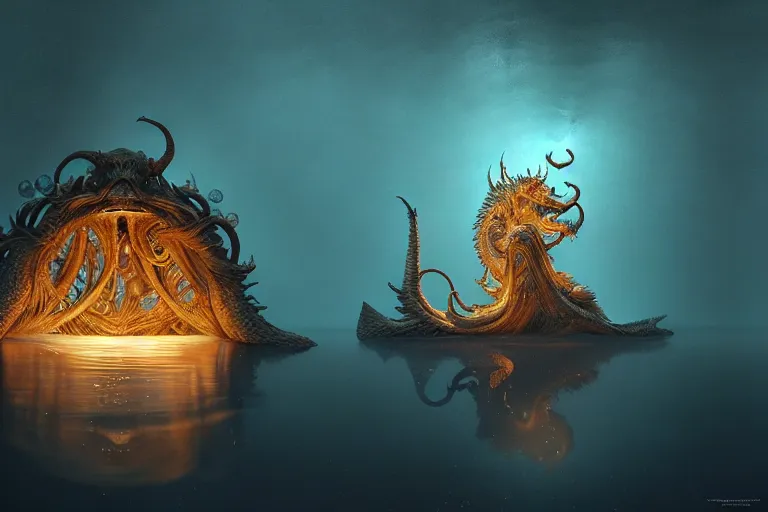 Image similar to creature in a alaska, water reflection, backlit, warm tones, bioluminescent bioluminescent translucent translucent : : by michal karcz, daniel merriam, victo ngai and guillermo del toro : : ornate, dynamic, particulate, intricate, elegant, highly detailed, centered, artstation, smooth, sharp focus, octane render, 3 d