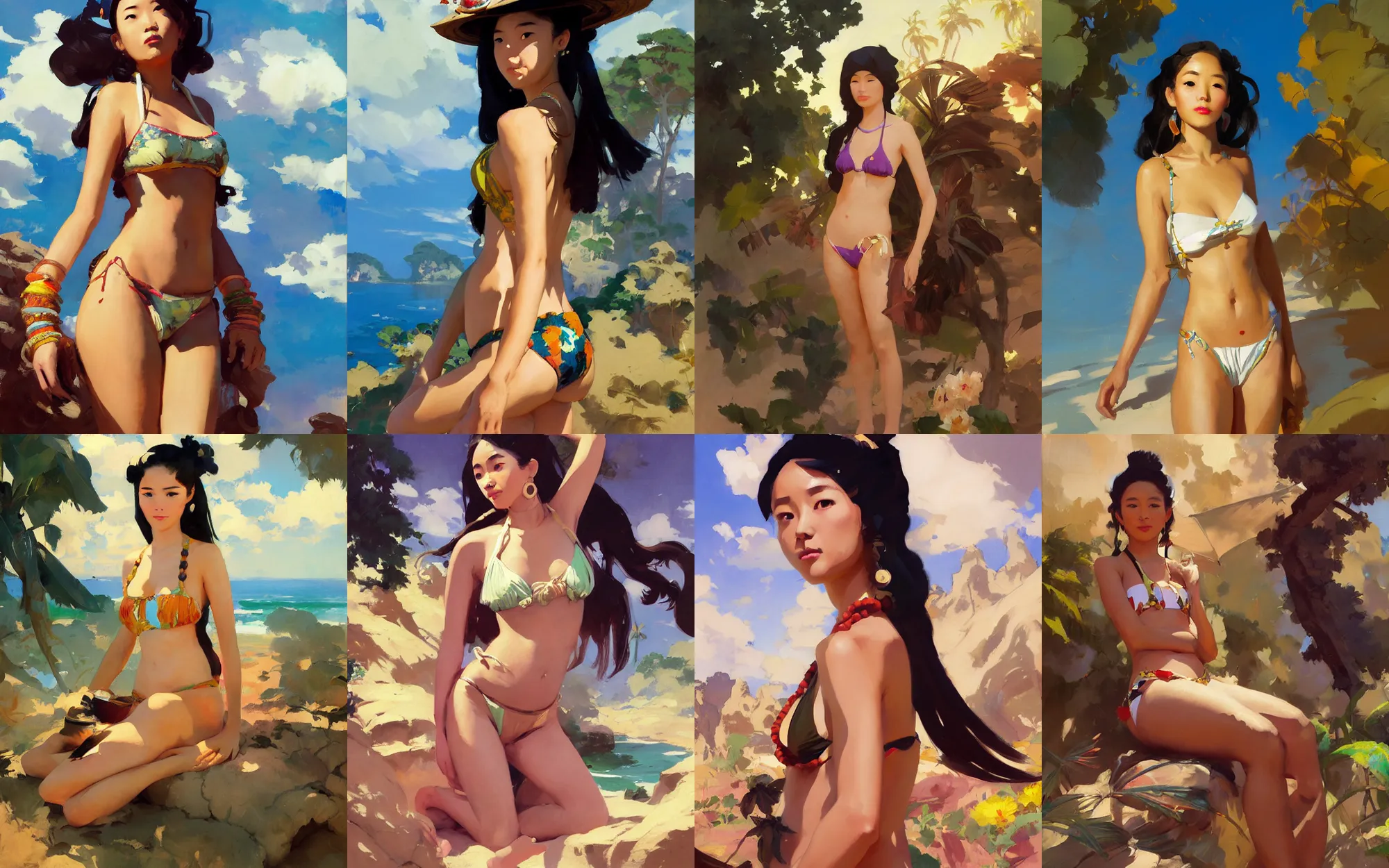 Image similar to portrait of vintage hippie bikini asian african girl traveler greg manchess painting by sargent and leyendecker, studio ghibli, fantasy, medium shot, asymmetrical, intricate, elegant, matte painting, illustration, hearthstone, by greg rutkowski, by greg tocchini, by james gilleard, by joe fenton
