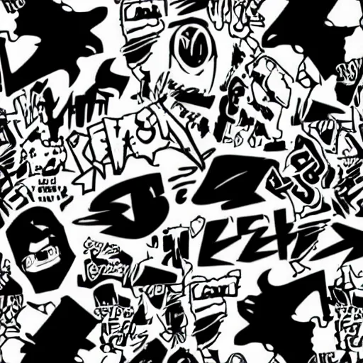 Image similar to zef design black and white color scheme, graffiti, cute characters, die antwoord