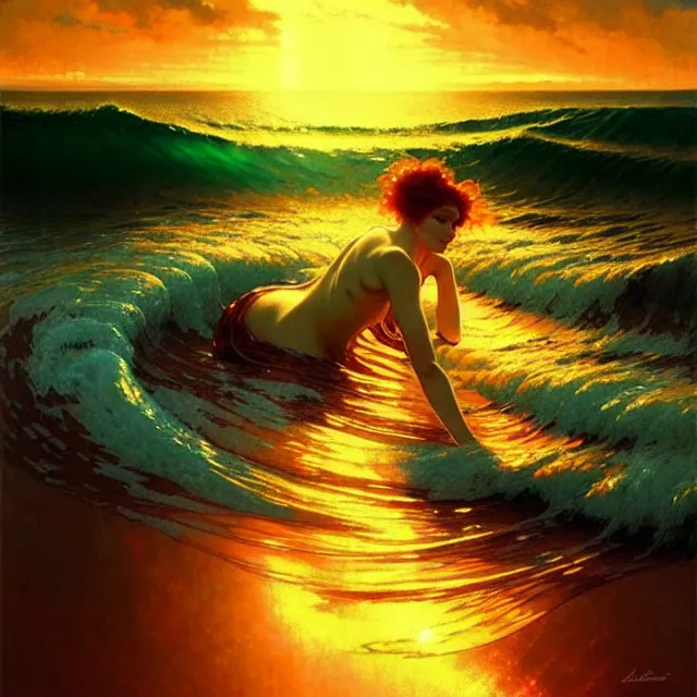 Prompt: ocean waves of glossy liquid honey drops flowing like translucent amber, lsd waves, lsd ripples, backlit, sunset, refracted lighting, art by collier, albert aublet, krenz cushart, artem demura, alphonse mucha