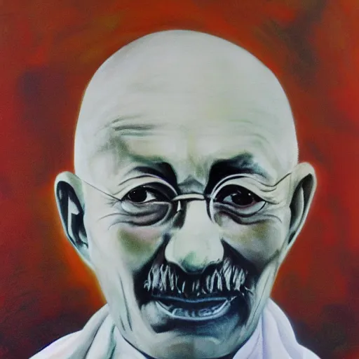 Prompt: Portrait Oil painting of Ghandi holds nuclear-war-head