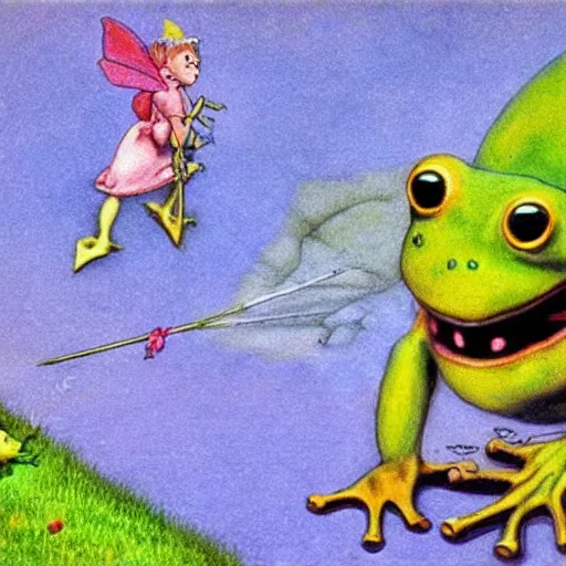 Prompt: Scary godlike fairy killing a frog, colorful , cel animation , extremely detailed masterpiece, illustration, by Michael Sowa