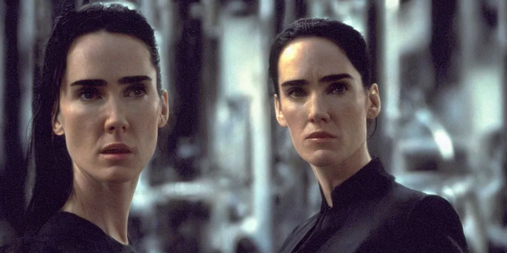 Image similar to jennifer connelly in matrix, cinema, still from movie, action, blu ray, 4 k, strong acting