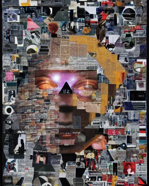 Prompt: A contemporary artistic collage, made of random shapes cut from fashion magazines, science magazines, and textbooks, of 2001: A Space Odyssey film poster.