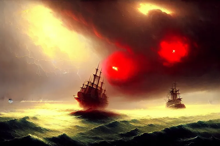 Image similar to A beautiful matte painting of huge spherical alien spaceship attacking with powerful red lasers a Sailship in ocean in thunderstorm by Greg Rutkowski and Ivan aivazovsky