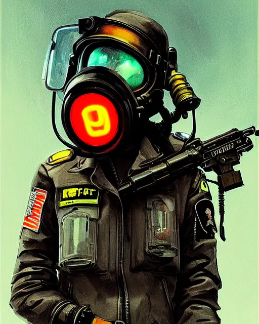 Prompt: detailed portrait neon female swat officer flying a jet, cyberpunk futuristic, neon, gas mask, reflective puffy coat, decorated with traditional japanese by ismail inceoglu dragan bibin hans thoma greg rutkowski alexandros pyromallis nekro rene margitte, fire & smoke, illustrated, perfect face, fine details, realistic shaded, fine - face, pretty face