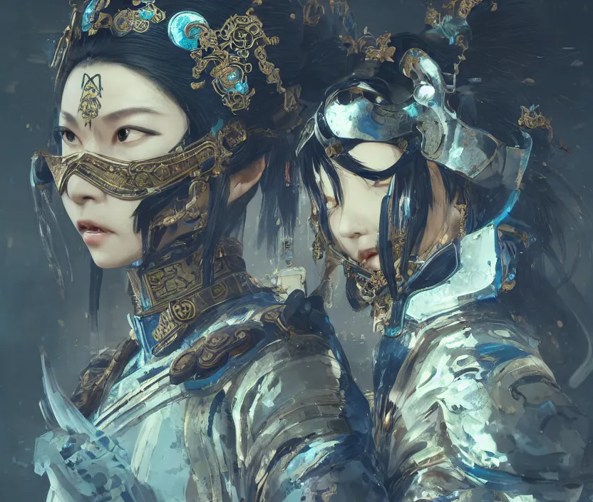 Image similar to ancient chinese princess with steampunk mask, dynasty warriors, elegant, unreal engine, 8 k, blue color scheme, headshot, highly detailed, smooth, ink painting, artstation, concept art, in style of yoji shinkawa, pan ren wei, col price, atey ghailan, by greg rutkowski, aesthetic