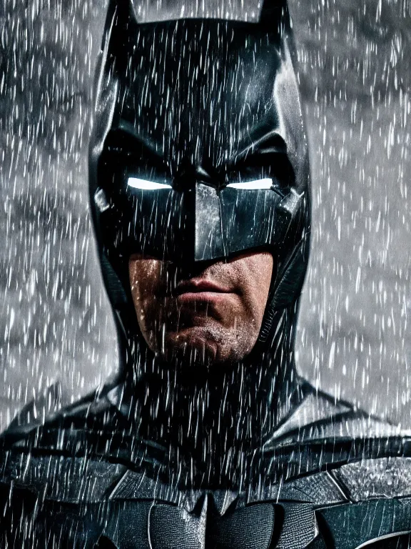 Image similar to film still, ryan reynolds as batman, maskless!!!, hyperrealism, moody lighting, rain, intricate, 8 k