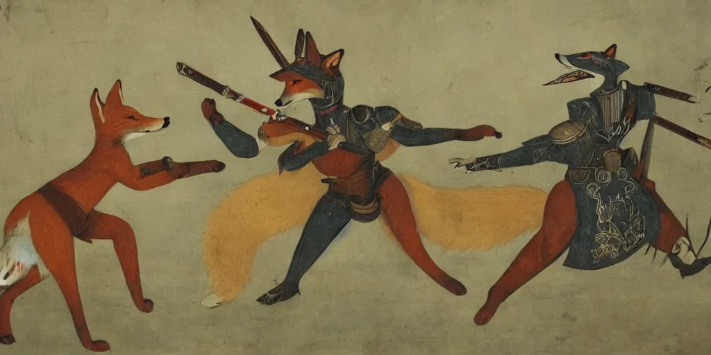 Image similar to an anthropomorphic fox fighting an evil knight who is twice as tall, 1 9 th century painting