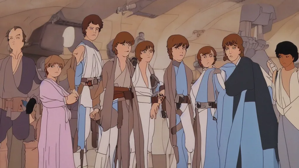 Prompt: film still Star Wars a new hope 1977 studio ghibli animation