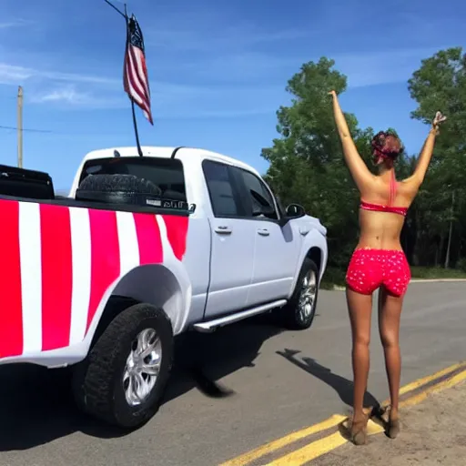 Image similar to photo of woman in the back of a pickup truck wearing bikinis drinking beer waving the american flag.