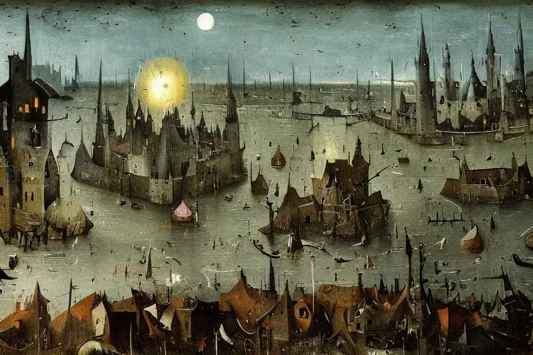 Image similar to bloodborne! landscape painted by hieronymus bosch