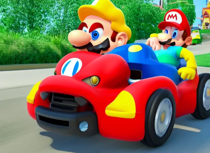 Prompt: steve buscemi driving a little tikes cozy coupe, movie still, from the new mario kart game, 8 k, realistic