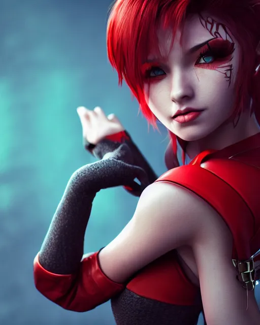 Image similar to a girl with short red hair, cool, vi from arcane, league of legends, fighter, cool red jacket, tattoo, beautiful, 3 d, potrait, art staion, studio light, closeup shot, octane render, wlop