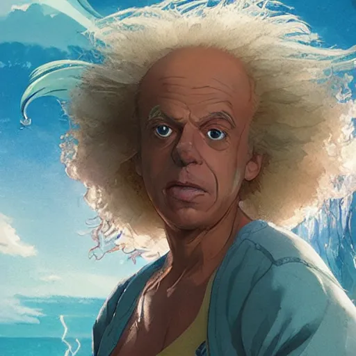 Image similar to doc brown as arielle the mermaid in water, studio ghibli, pixar and disney animation, sharp, anime key art by greg rutkowski, bloom, dramatic lighting