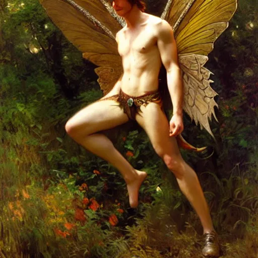 Image similar to attractive male fairy with wings in the forest, posing. highly detailed painting by gaston bussiere, craig mullins, j. c. leyendecker, 8 k