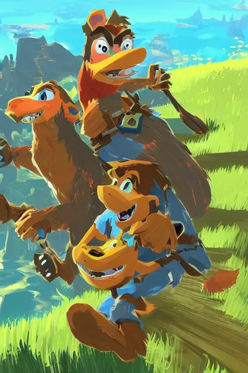 Prompt: an in game portrait of banjo and kazooie from the legend of zelda breath of the wild, breath of the wild art style.
