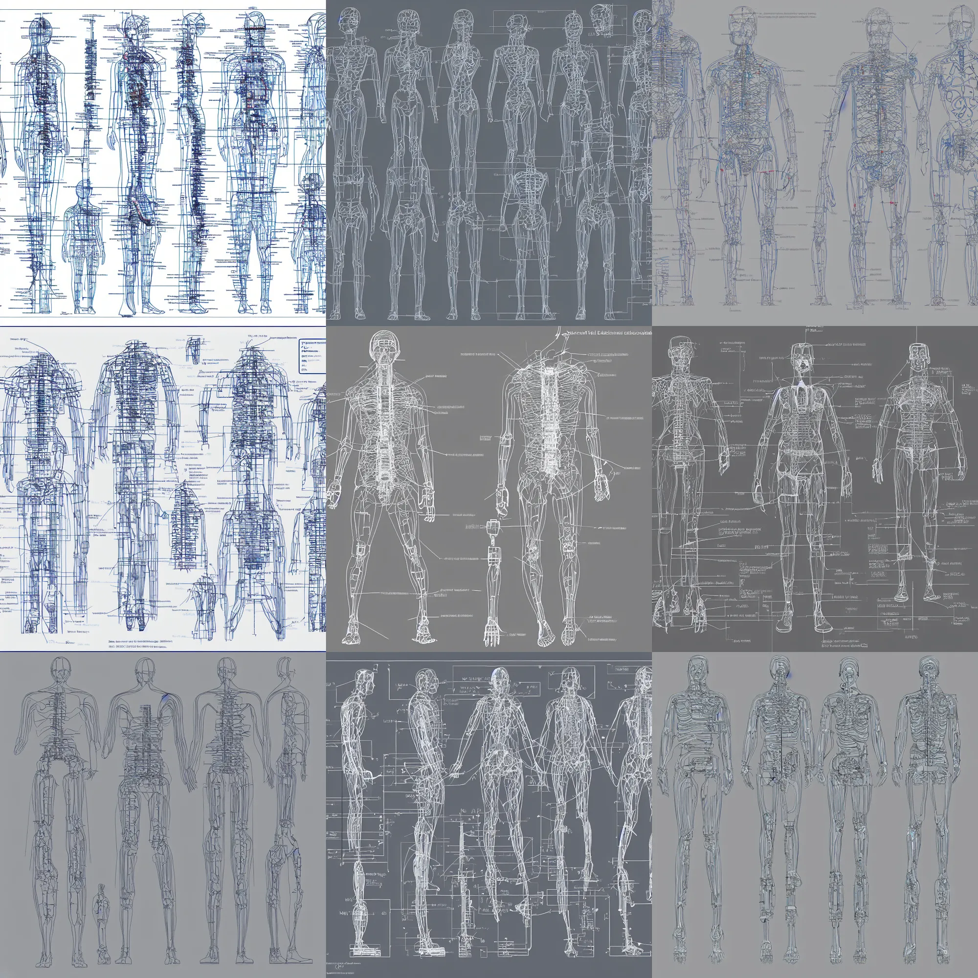 Prompt: technical diagram of a human, exploded view, autodesk autocad, schematic