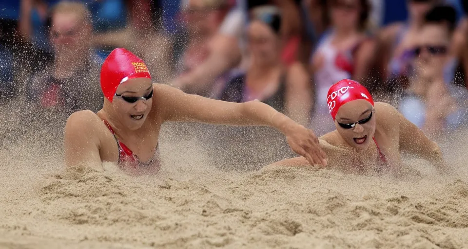 Image similar to olympic swimming in sand instead of water, extremely coherent, motion blur