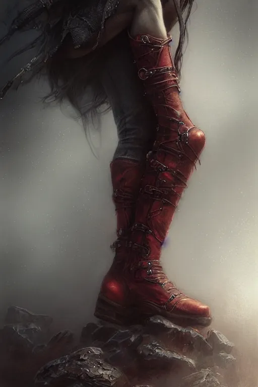 Prompt: « short red women's boots, shoes only, by wlop, by luis royo, by peter mohrbacher, concept art, digital illustration, intricate, masterpiece, elegant, super detailed, unreal engine rendering, smooth, sharp focus, artstation hq »