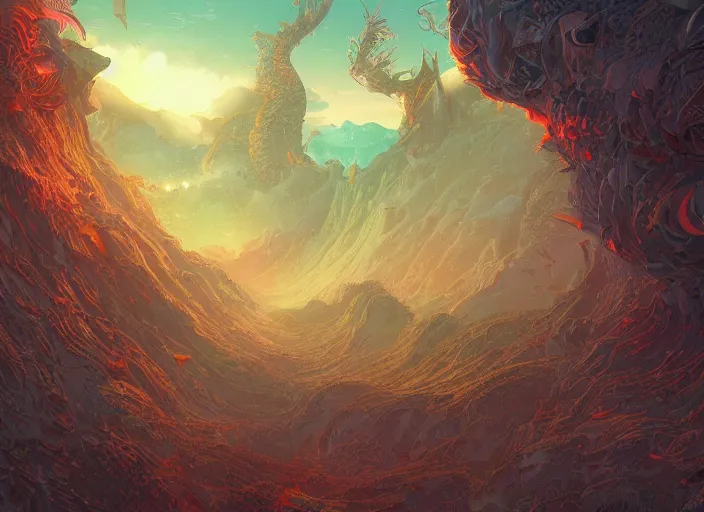 Image similar to psychedelic concept art of a dragon landscape made of thousands of spiraling dragons, cel shaded, in the style of makoto shinkai and moebius and peter mohrbacher and anton fadeev