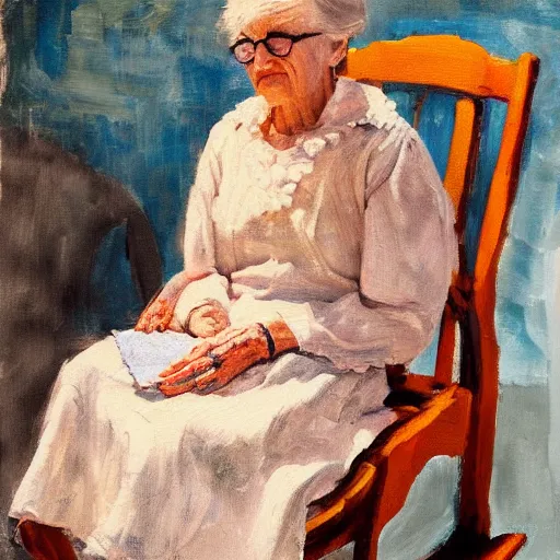 Prompt: emma watson as a very old lady sitting in a rocking chair, oil painting